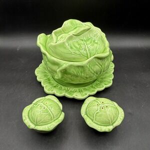 Vintage Holland Mold Cabbage Soup Tureen Salt Pepper Shakers Set Green Ceramic